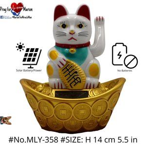 LUCKY CAT (Medium-White-Solar Powered) #No.MLY-358 #SIZE: H 14 cm 5.5 in